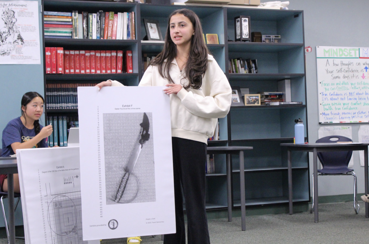 EXPLAINING THE EXHIBIT: Freshman Dana Elquza explains details in her exhibit to the judge during her direct examination of an expert witness.